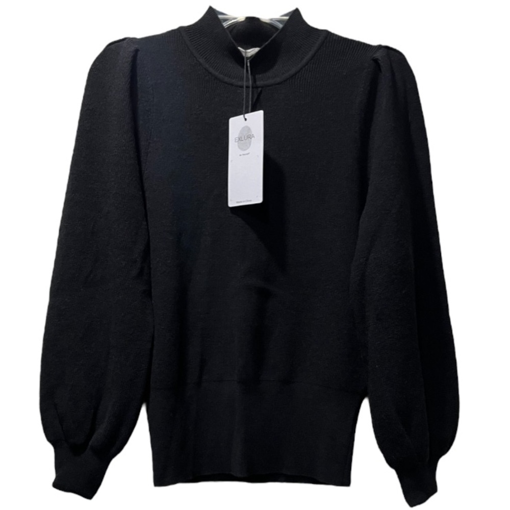 Soft High Crew Neck Keyhole Puff Sleeve Sweater Mock Black Exlura Size Medium - Picture 8 of 16